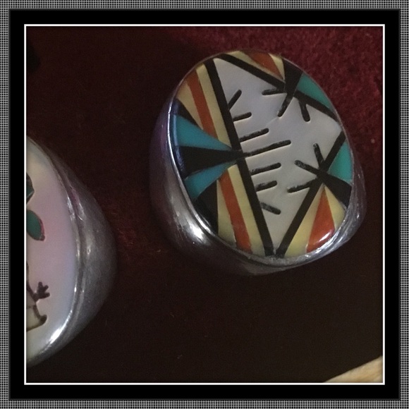 VINTAGE 70’s ZUNI CORAL TURQUOISE  ONYX PEARL RING - LARGE Sz 10.75 - Picture 7 of 7